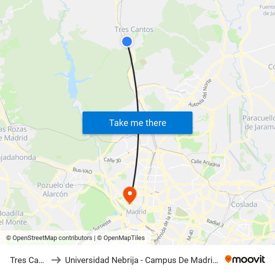 Tres Cantos to Universidad Nebrija - Campus De Madrid-Princesa map