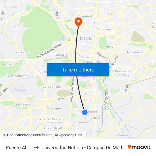 Puente Alcocer to Universidad Nebrija - Campus De Madrid-Princesa map