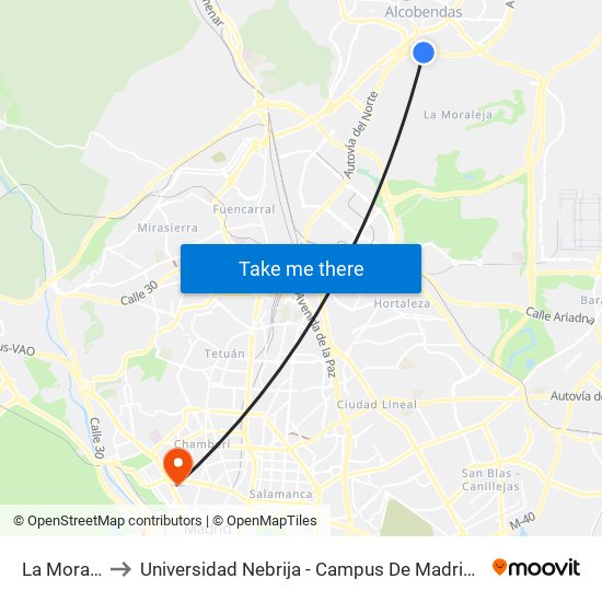 La Moraleja to Universidad Nebrija - Campus De Madrid-Princesa map