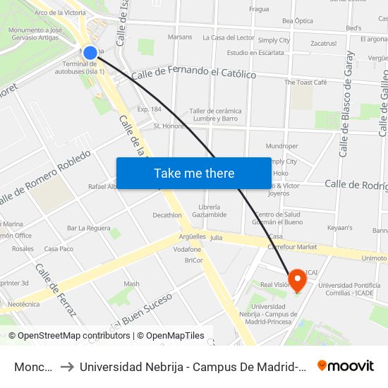 Moncloa to Universidad Nebrija - Campus De Madrid-Princesa map