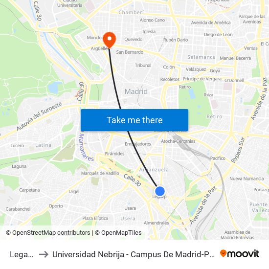Legazpi to Universidad Nebrija - Campus De Madrid-Princesa map