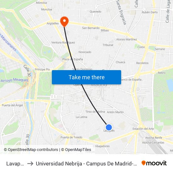 Lavapiés to Universidad Nebrija - Campus De Madrid-Princesa map