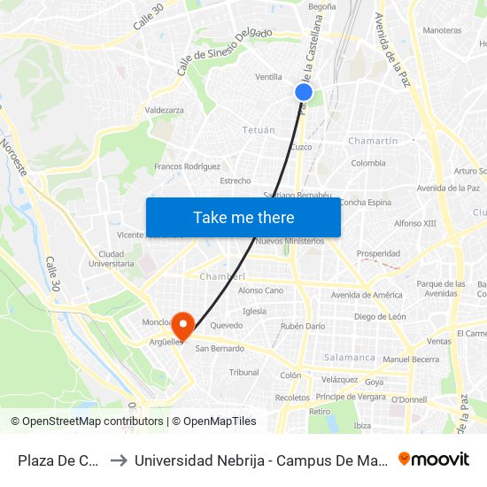 Plaza De Castilla to Universidad Nebrija - Campus De Madrid-Princesa map