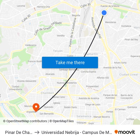 Pinar De Chamartín to Universidad Nebrija - Campus De Madrid-Princesa map