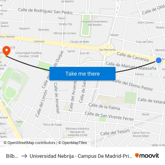 Bilbao to Universidad Nebrija - Campus De Madrid-Princesa map