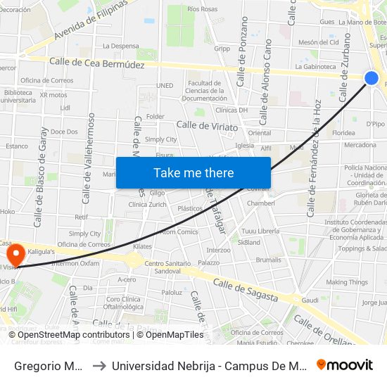 Gregorio Marañón to Universidad Nebrija - Campus De Madrid-Princesa map