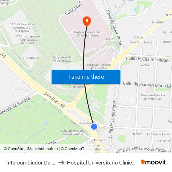 Intercambiador De Moncloa to Hospital Universitario Clínico San Carlos map