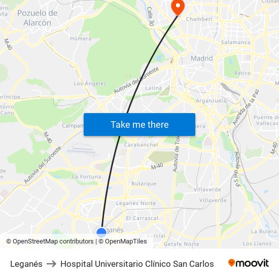 Leganés to Hospital Universitario Clínico San Carlos map
