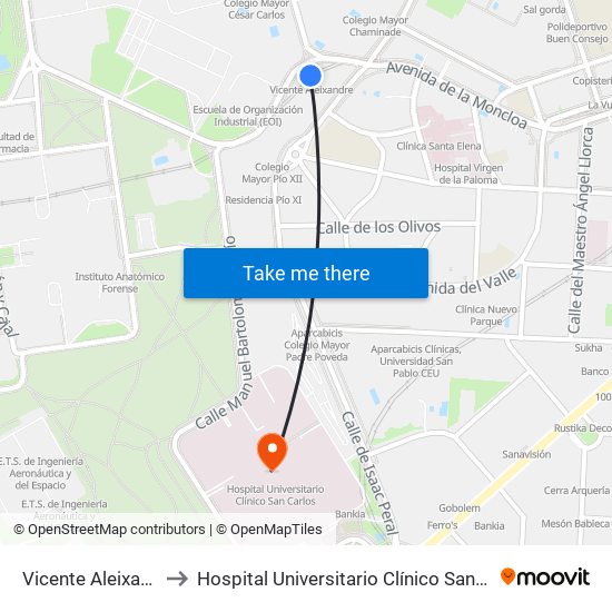 Vicente Aleixandre to Hospital Universitario Clínico San Carlos map