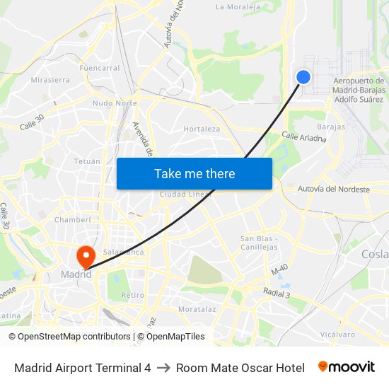 Madrid Airport Terminal 4 to Room Mate Oscar Hotel map