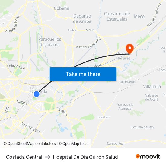 Coslada Central to Hospital De Día Quirón Salud map