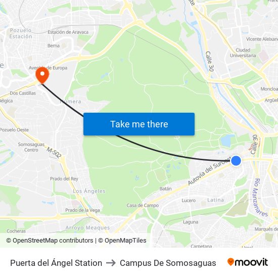 Puerta del Ángel Station to Campus De Somosaguas map