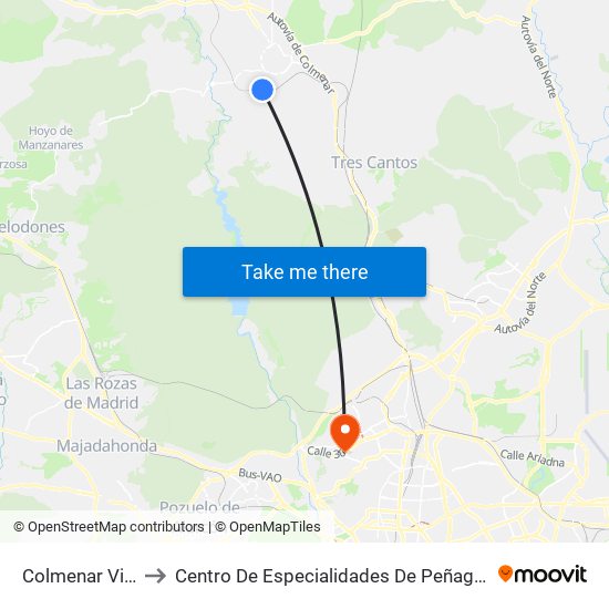 Colmenar Viejo to Centro De Especialidades De Peñagrande. map