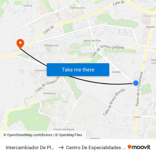 Intercambiador De Plaza De Castilla to Centro De Especialidades De Peñagrande. map