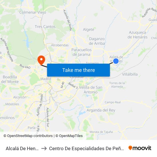Alcalá De Henares to Centro De Especialidades De Peñagrande. map