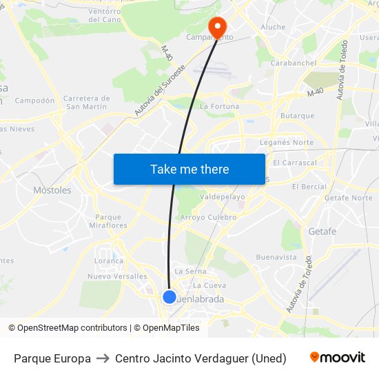 Parque Europa to Centro Jacinto Verdaguer (Uned) map