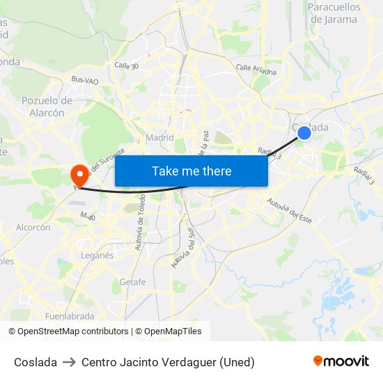 Coslada to Centro Jacinto Verdaguer (Uned) map