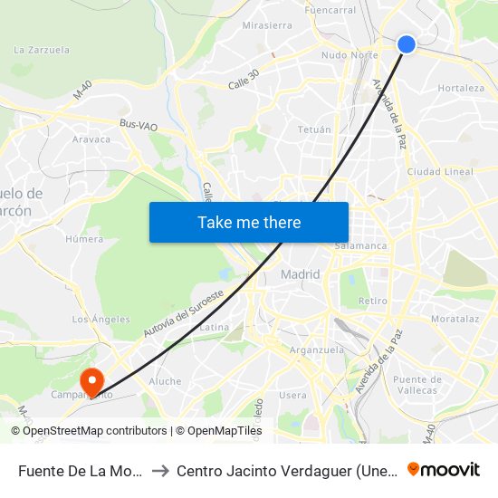 Fuente De La Mora to Centro Jacinto Verdaguer (Uned) map
