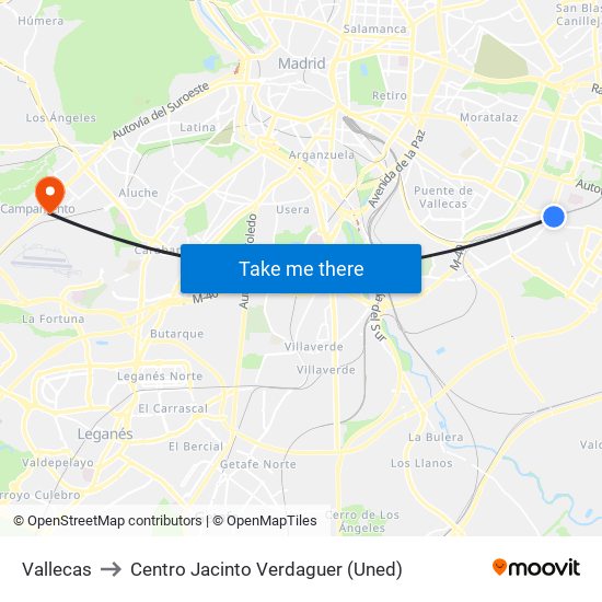 Vallecas to Centro Jacinto Verdaguer (Uned) map