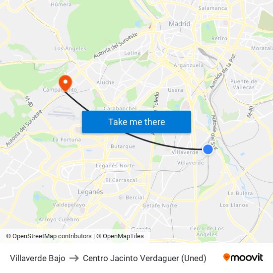 Villaverde Bajo to Centro Jacinto Verdaguer (Uned) map