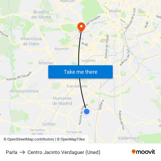 Parla to Centro Jacinto Verdaguer (Uned) map