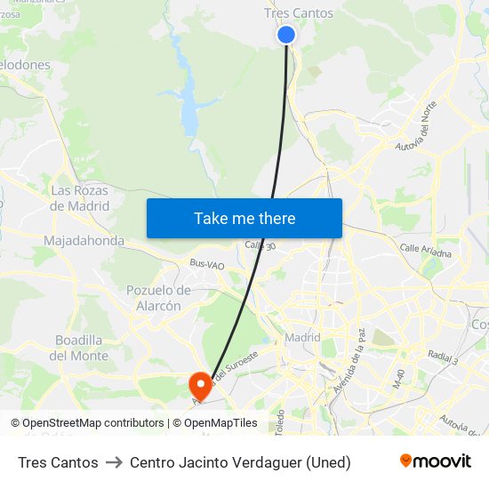 Tres Cantos to Centro Jacinto Verdaguer (Uned) map