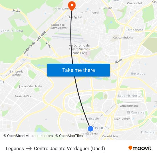 Leganés to Centro Jacinto Verdaguer (Uned) map