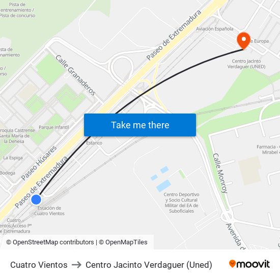 Cuatro Vientos to Centro Jacinto Verdaguer (Uned) map