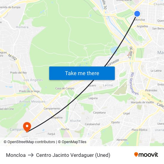 Moncloa to Centro Jacinto Verdaguer (Uned) map