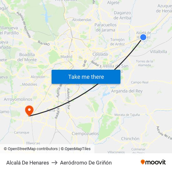 Alcalá De Henares to Aeródromo De Griñón map