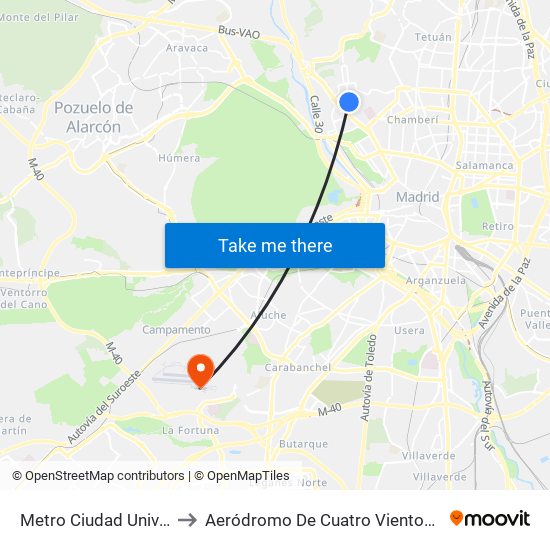 Metro Ciudad Universitaria to Aeródromo De Cuatro Vientos (Zona Civil) map