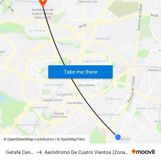 Getafe Centro to Aeródromo De Cuatro Vientos (Zona Civil) map