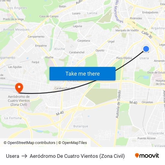 Usera to Aeródromo De Cuatro Vientos (Zona Civil) map