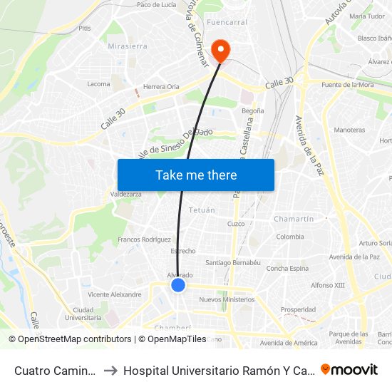 Cuatro Caminos to Hospital Universitario Ramón Y Cajal. map