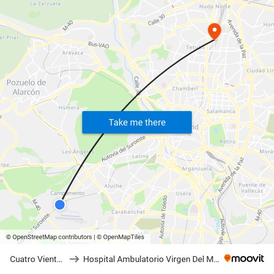 Cuatro Vientos to Hospital Ambulatorio Virgen Del Mar map