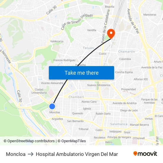 Moncloa to Hospital Ambulatorio Virgen Del Mar map