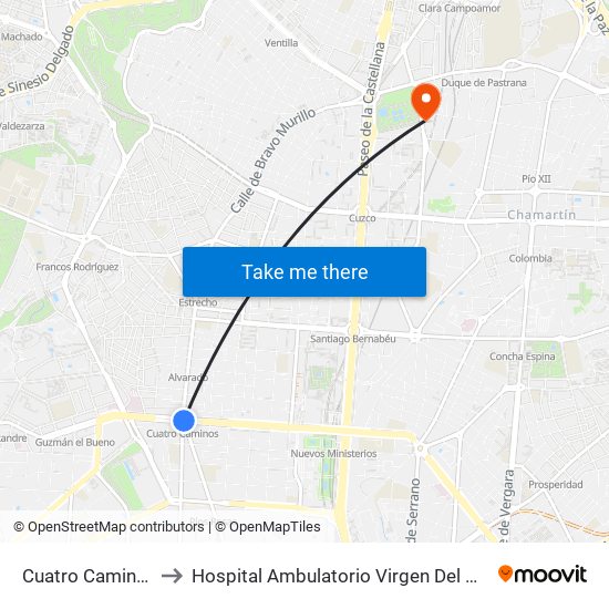 Cuatro Caminos to Hospital Ambulatorio Virgen Del Mar map