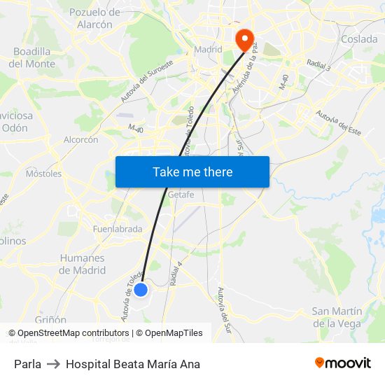 Parla to Hospital Beata María Ana map