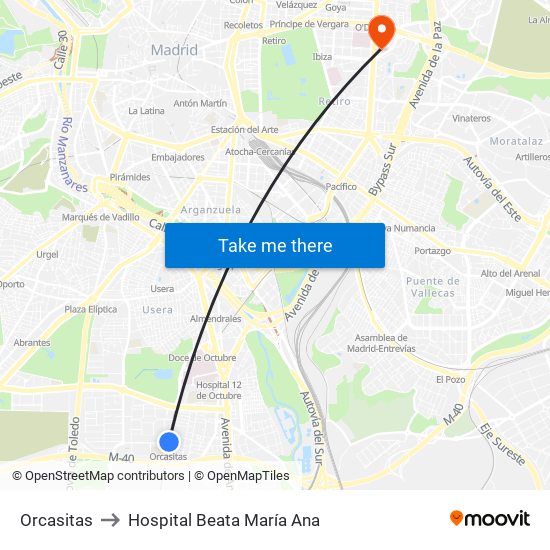 Orcasitas to Hospital Beata María Ana map