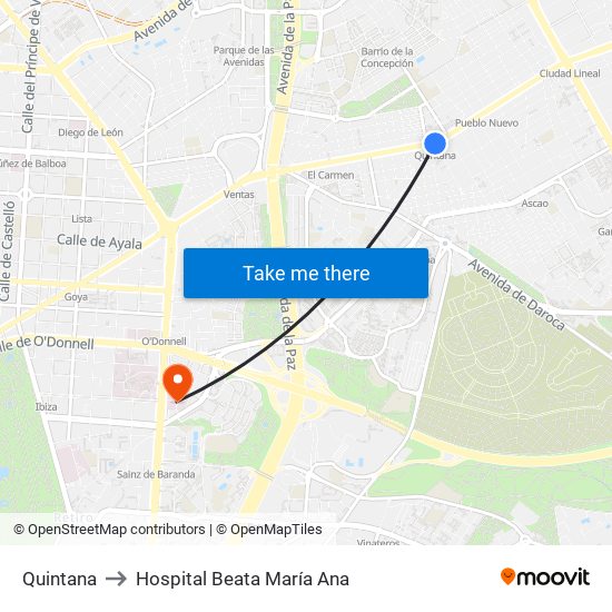 Quintana to Hospital Beata María Ana map