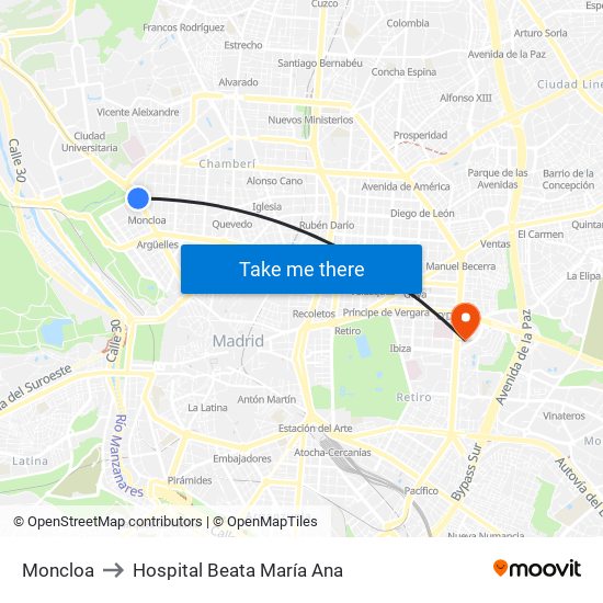 Moncloa to Hospital Beata María Ana map