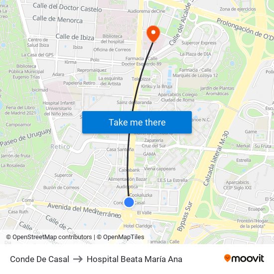 Conde De Casal to Hospital Beata María Ana map