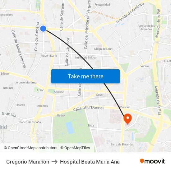 Gregorio Marañón to Hospital Beata María Ana map