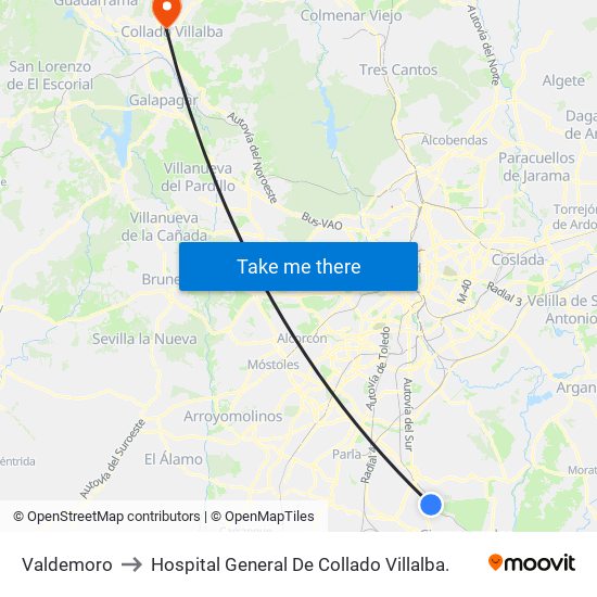Valdemoro to Hospital General De Collado Villalba. map