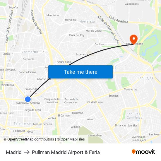 Madrid to Pullman Madrid Airport & Feria map