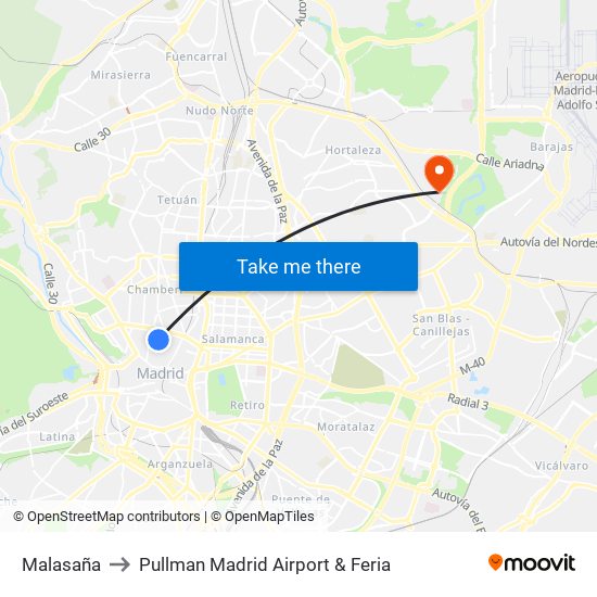 Malasaña to Pullman Madrid Airport & Feria map