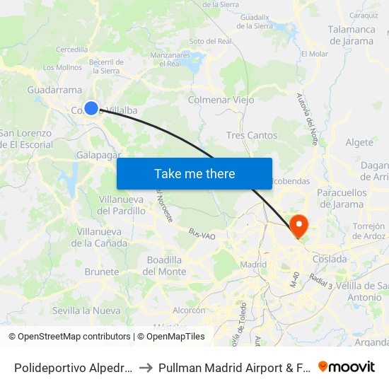 Polideportivo Alpedrete to Pullman Madrid Airport & Feria map