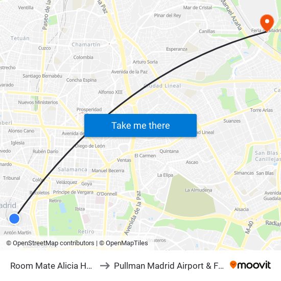 Room Mate Alicia Hotel to Pullman Madrid Airport & Feria map