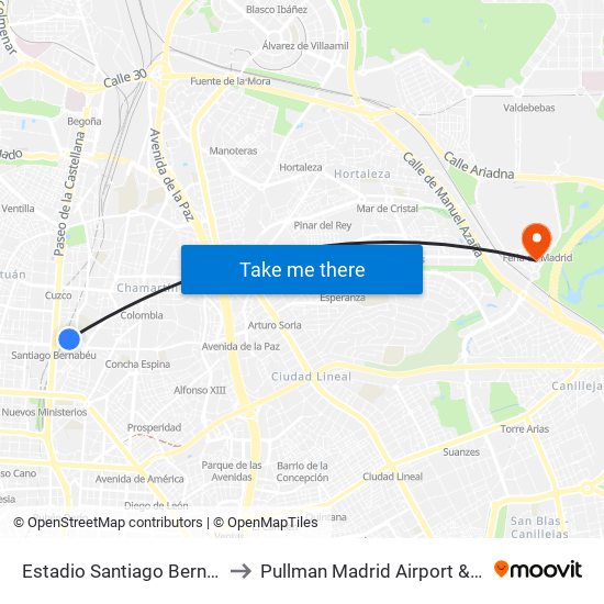 Estadio Santiago Bernabéu to Pullman Madrid Airport & Feria map