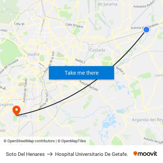 Soto Del Henares to Hospital Universitario De Getafe. map